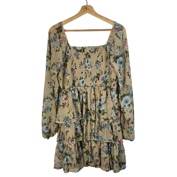 Madden NYC Beige & Blue Floral Long Sleeve Tiered Mini Dress XXL - Picture 3 of 5